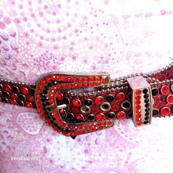 DNA PREMIUM WEAR WESTERN BELT RED BLACK RHINESTONE SILVER & GLITTER ACCENTS 43\